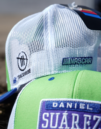 Daniel Suarez Green Blue Patch Hat. White Mesh. Snapback.