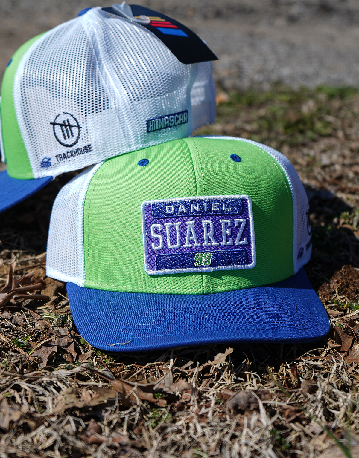 Daniel Suarez Green Blue Patch Hat. White Mesh. Snapback.